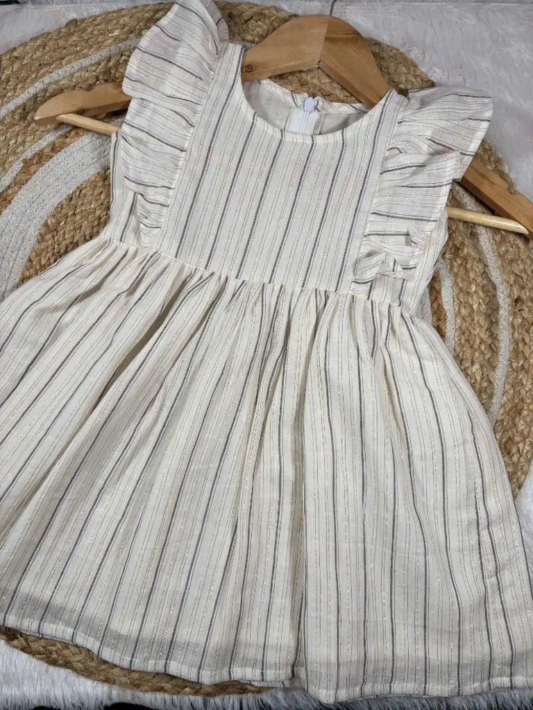 White Zari Stripes Girls Ruffle Frock