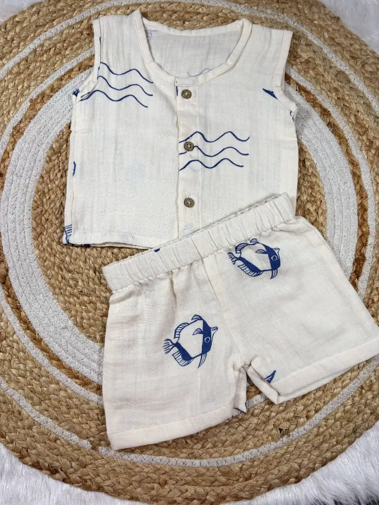 White Waves and Fish Newborn Jabla Set