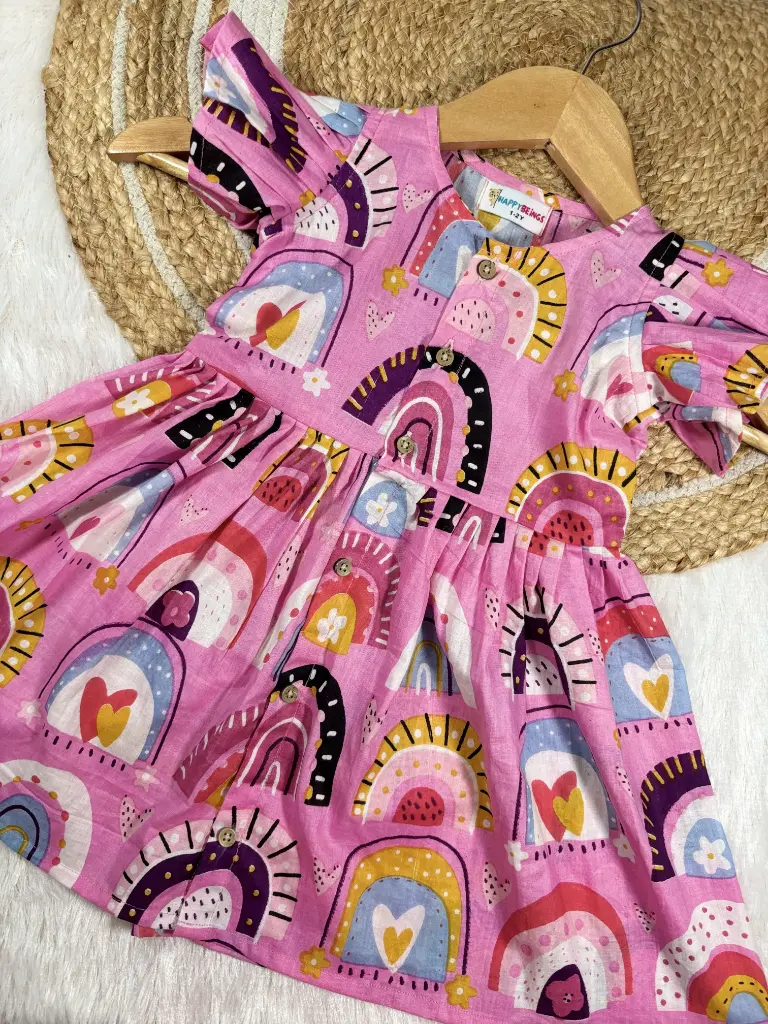 Pink Rainbow Frill Sleeves Frock