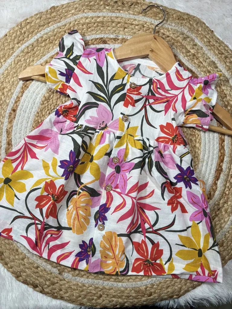 White Multi Floral Frill Sleeves Frock