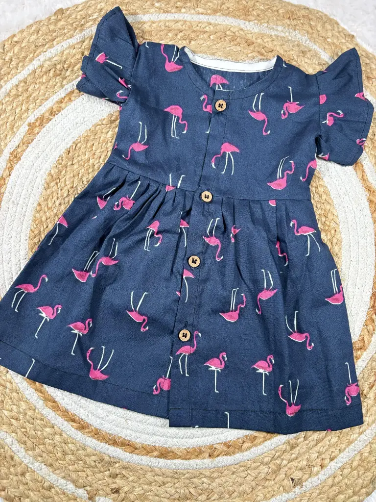 Navy Flammy Frill Sleeves Frock