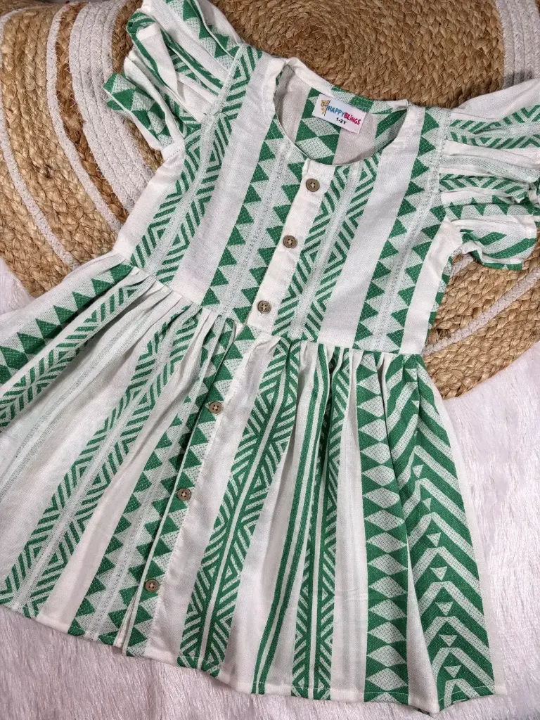 Green Stripes Frill-Sleeve Frock