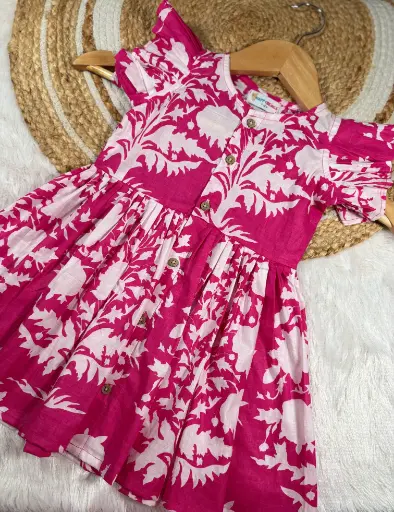 Dark Pink Floral Frill Sleeves Frock