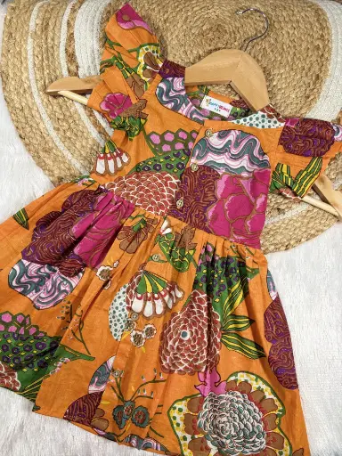 Orange Floral Frill Sleeves Frock
